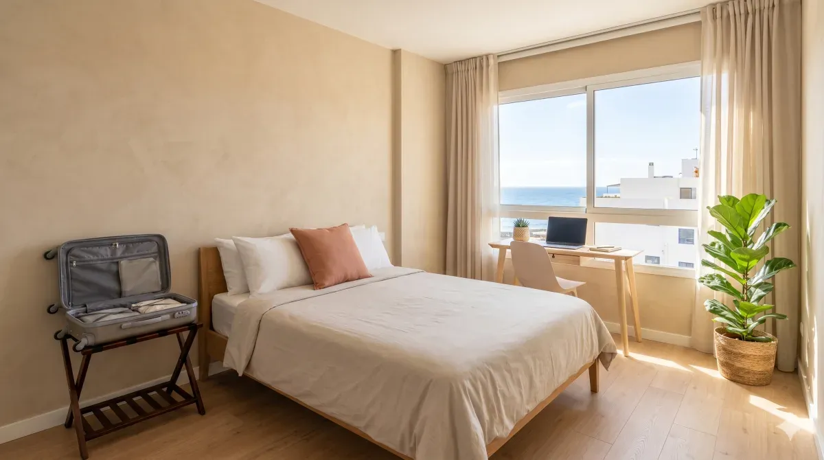 Dormitorio amueblado en Canarias con maleta y escritorio, listo para una estancia de varios meses