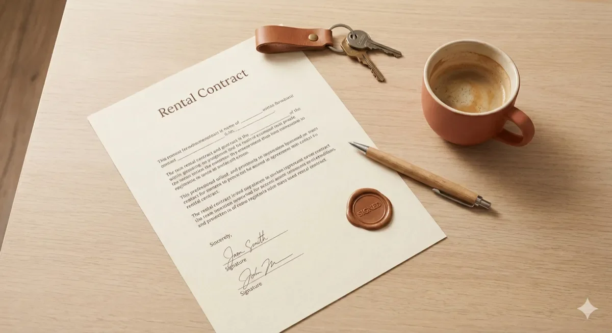 Rental contract with pen on a wooden table