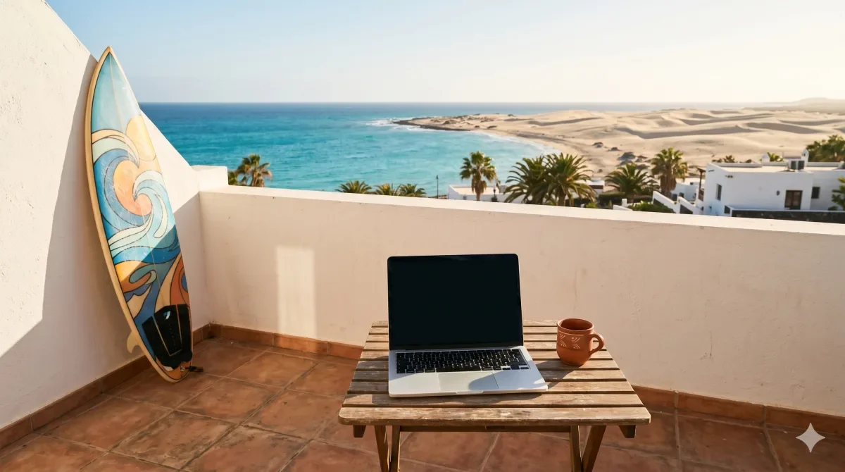 Terraza de un apartamento en Corralejo, Fuerteventura, con tabla de surf, portátil y vistas al mar y las dunas