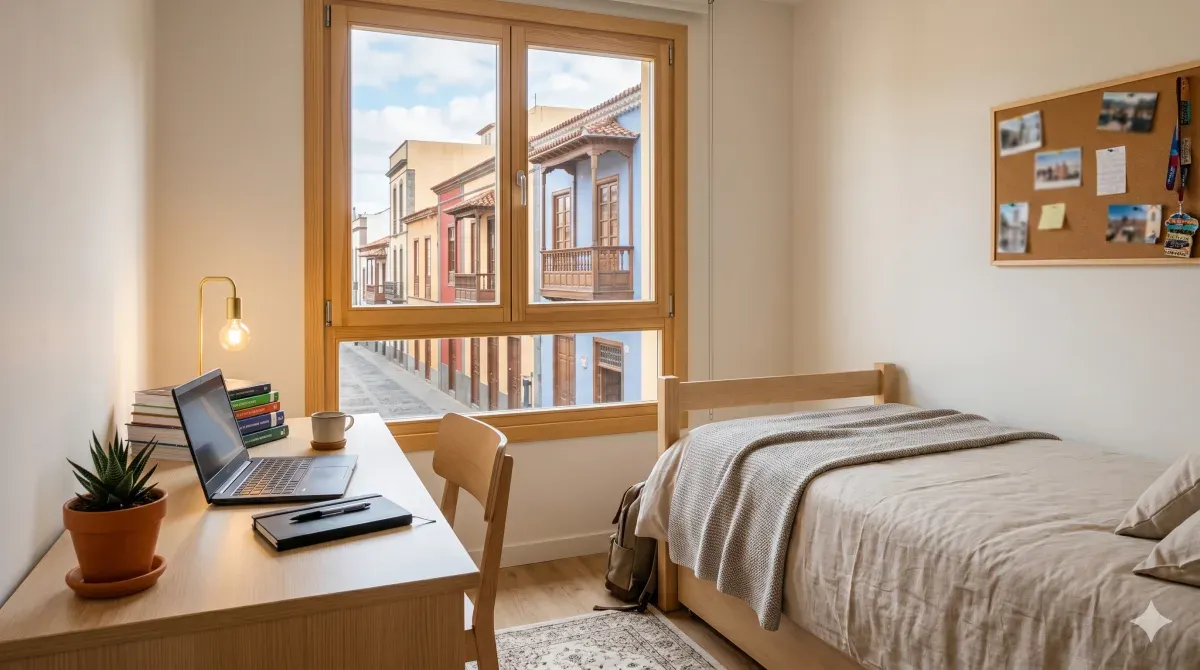 Habitación de estudiante amueblada en La Laguna con escritorio junto a la ventana