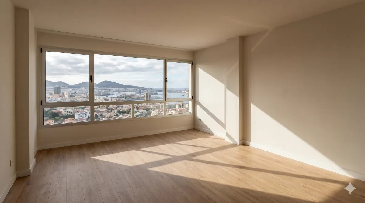 Habitación vacía de un piso en Las Palmas con vistas a la ciudad