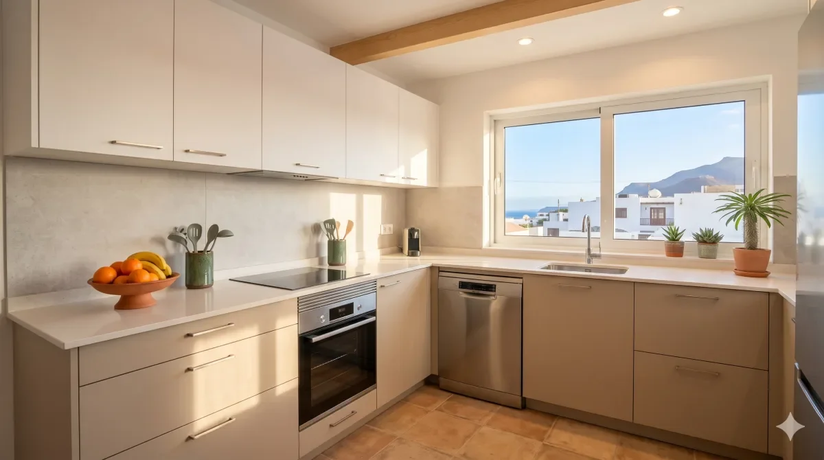 Cocina reformada de un piso en Canarias con vistas al mar