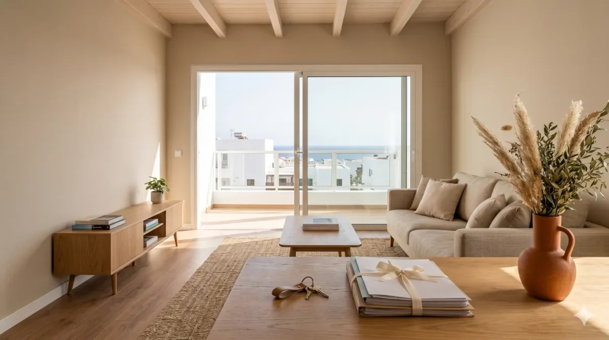 Salón luminoso de un piso en Canarias con llaves y documentos sobre la mesa